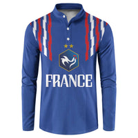 Blue football button sweatshirt with crest and FRANCE text, striped panels, long sleeves
