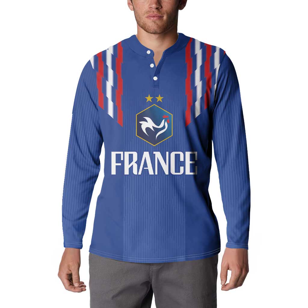 Blue football button sweatshirt with crest and FRANCE print, ribbed texture, long sleeves