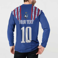 Blue henley sweatshirt back with YOUR TEXT and number 10, striped shoulder sides