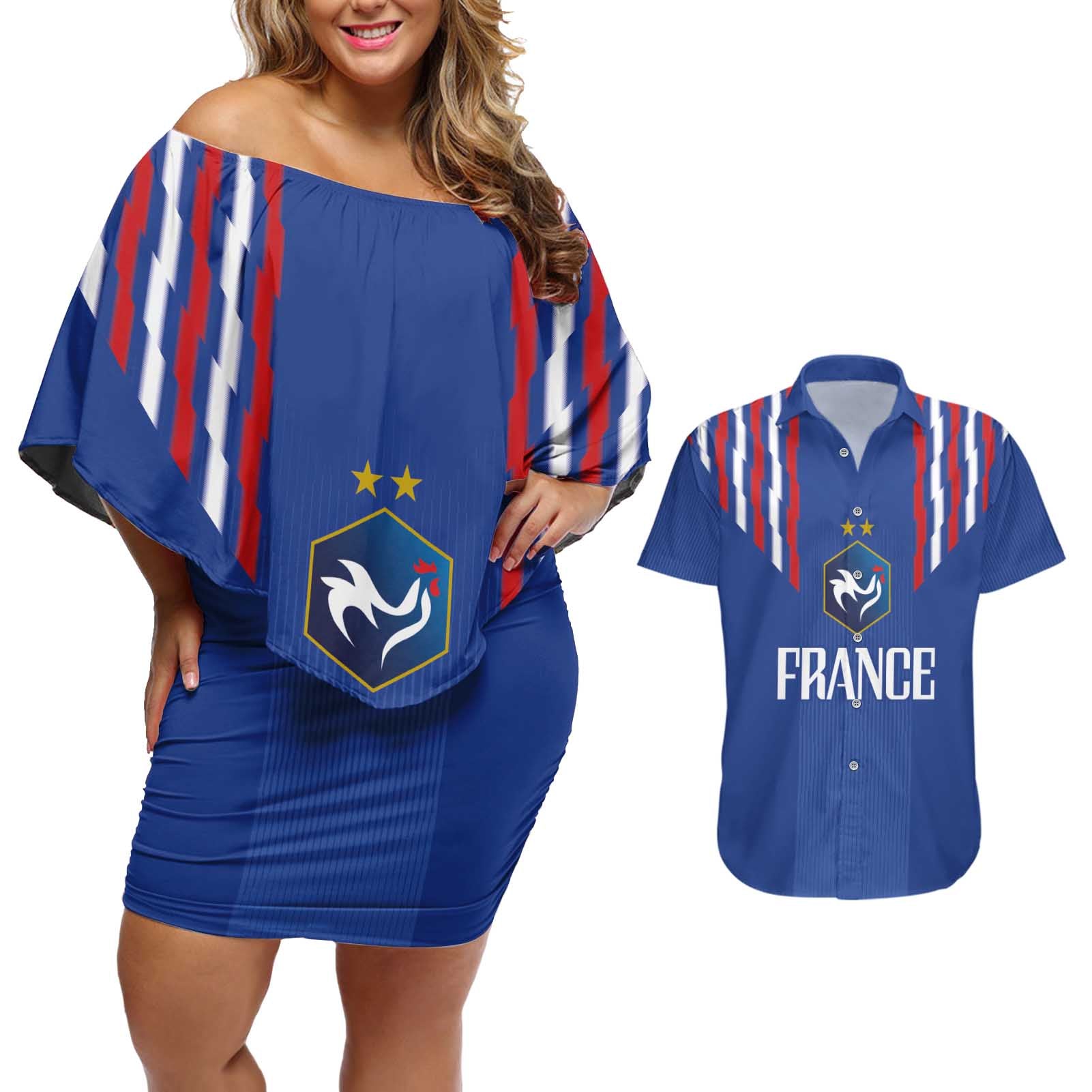 France Football 2024 Go Champion Couples Matching Off Shoulder Short Dress and Hawaiian Shirt - Wonder Print Shop