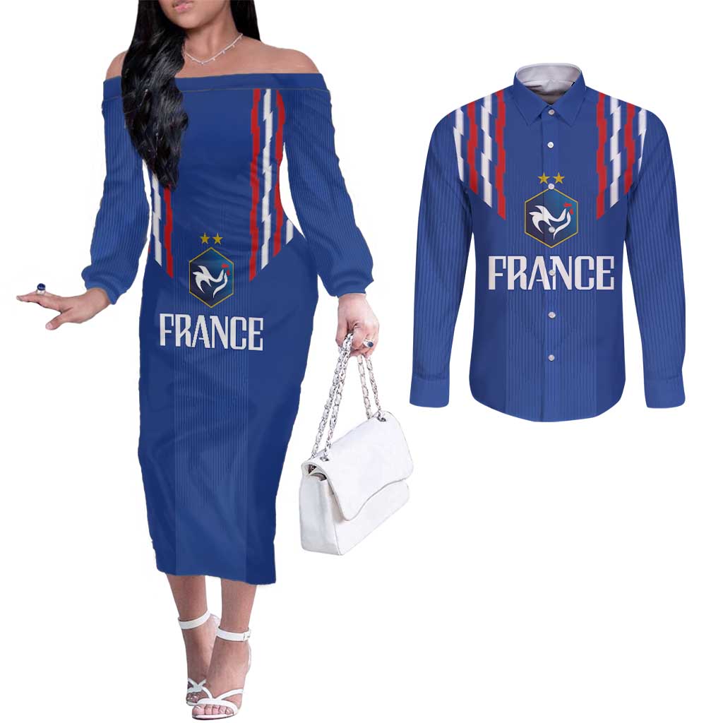 France Football 2024 Go Champion Couples Matching Off The Shoulder Long Sleeve Dress and Long Sleeve Button Shirt