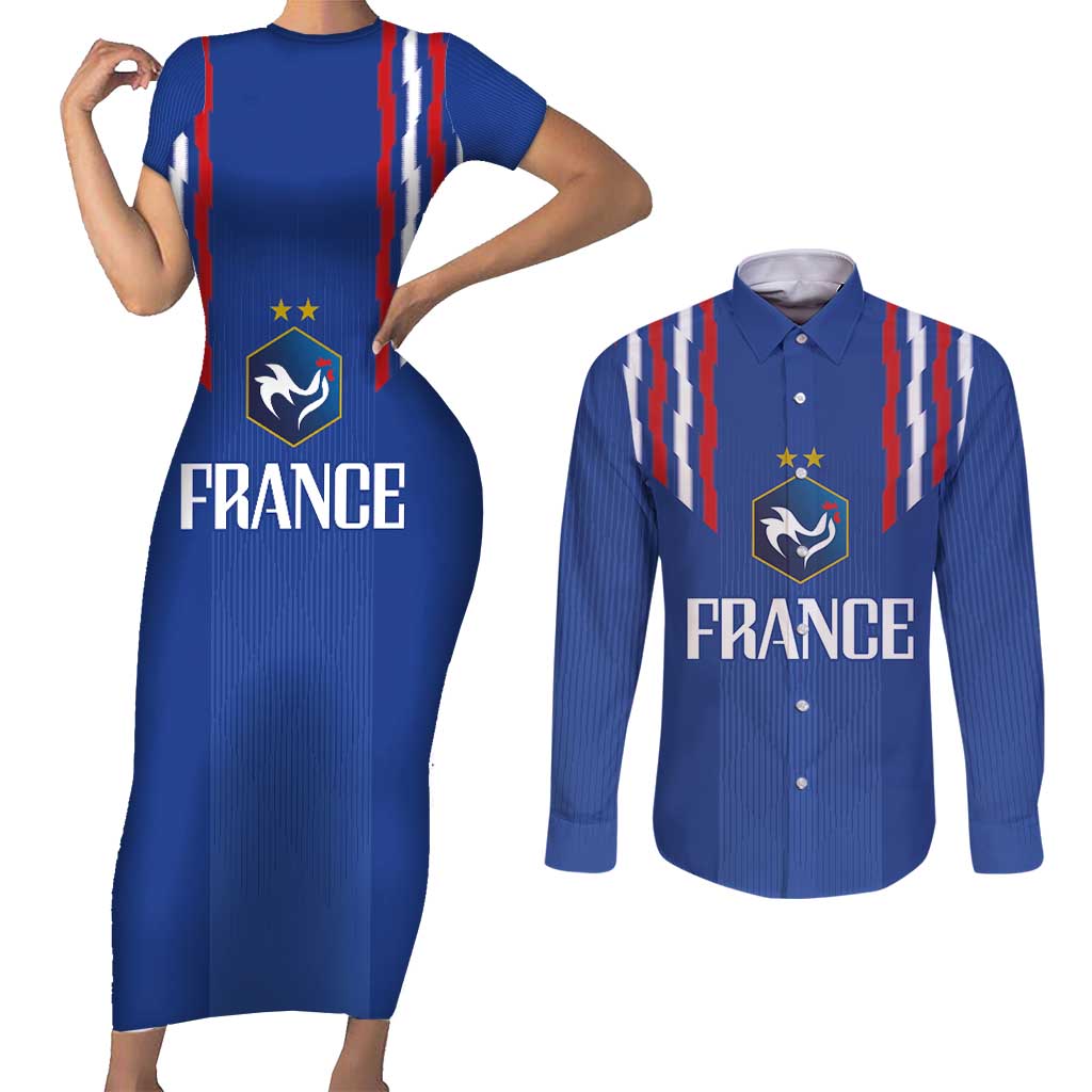 France Football 2024 Go Champion Couples Matching Short Sleeve Bodycon Dress and Long Sleeve Button Shirt - Wonder Print Shop