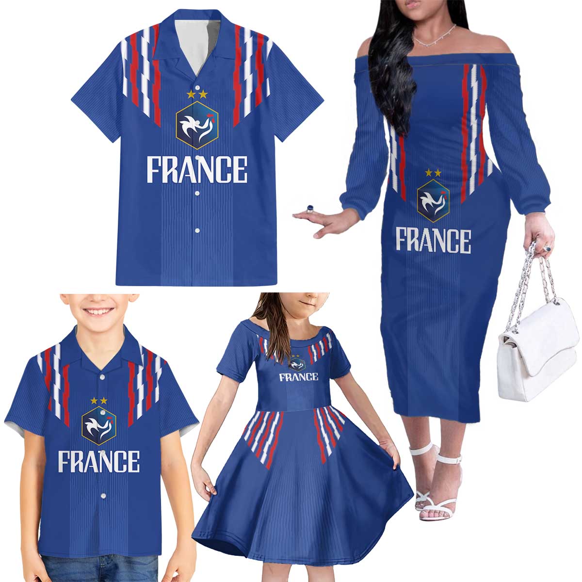 France Football 2024 Go Champion Family Matching Off The Shoulder Long Sleeve Dress and Hawaiian Shirt - Wonder Print Shop