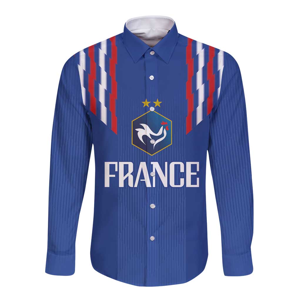 Blue long-sleeve button shirt, front with red/white shoulder stripes and FRANCE print