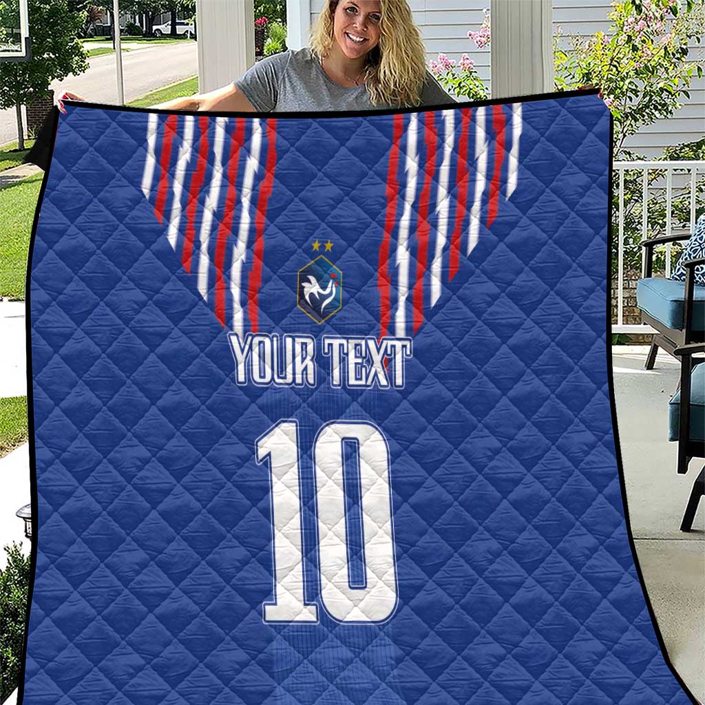 Blue quilt blanket featuring red-and-white striped crest, shield emblem, “YOUR TEXT” and number 10