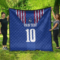 Blue quilt blanket with red-and-white striped crest, shield emblem, “YOUR TEXT” and number 10