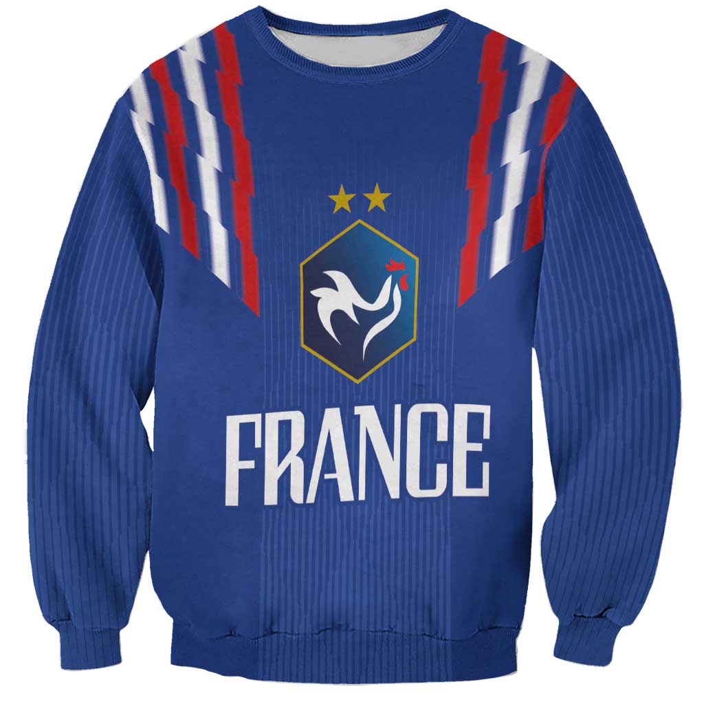 Unisex blue France football sweatshirt with shield logo, stars, lightning sleeve stripes