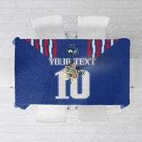 Blue tablecloth with customizable banner and large number 10 print