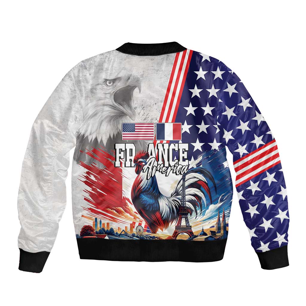 French-American Heritage Month Bomber Jacket National Flags Style with Rooster and Bald Eagle - Wonder Print Shop