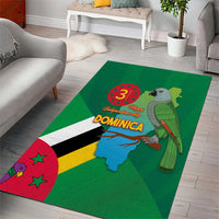Green Dominica Independence Day area rug featuring flag, bird, map, and anniversary text