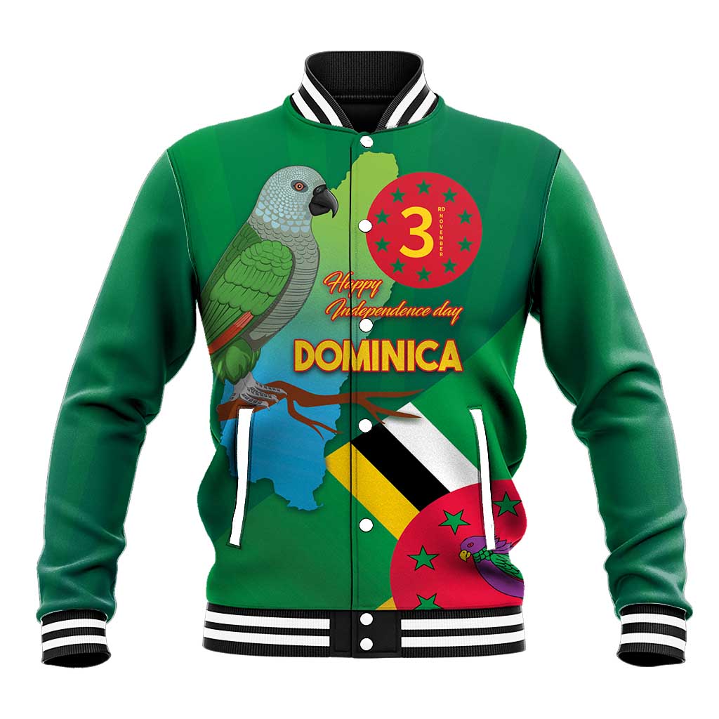Green baseball jacket with striped rib collar, front independence graphic, full zipper
