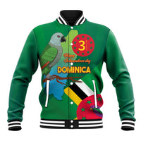 Green baseball jacket with striped rib collar, front independence graphic, full zipper