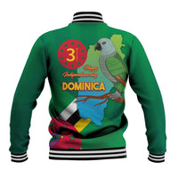 Green baseball jacket with striped rib collar, cuffs, and back independence graphics