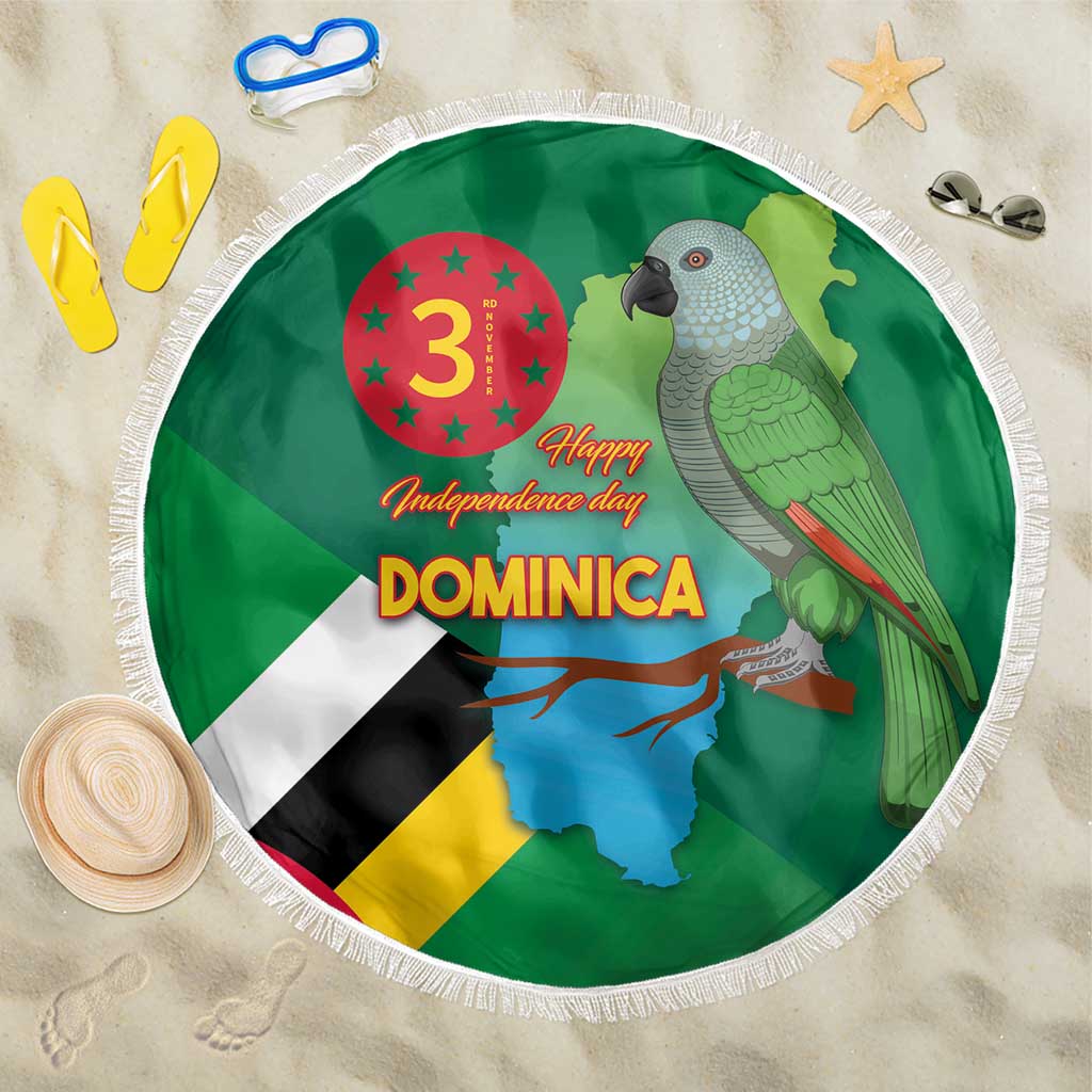 Round green beach blanket with Dominica flag, map, and parrot illustration, white fringe