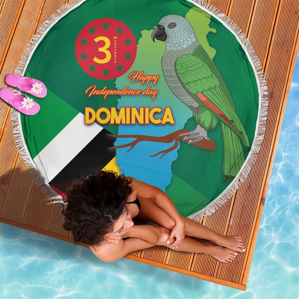 Round green beach blanket with Dominica flag, map, 'Happy Independence day' text, parrot