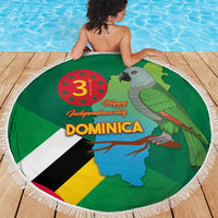 Round green beach blanket with Dominica flag, map, parrot and 'Happy Independence day' banner