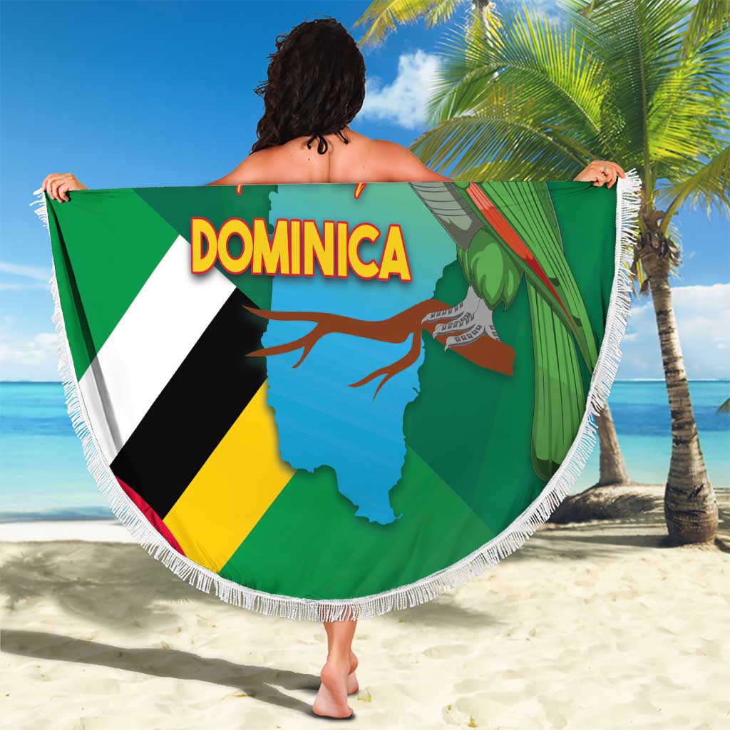 Round green beach blanket showing Dominica text, flag colors, and parrot design with white fringe