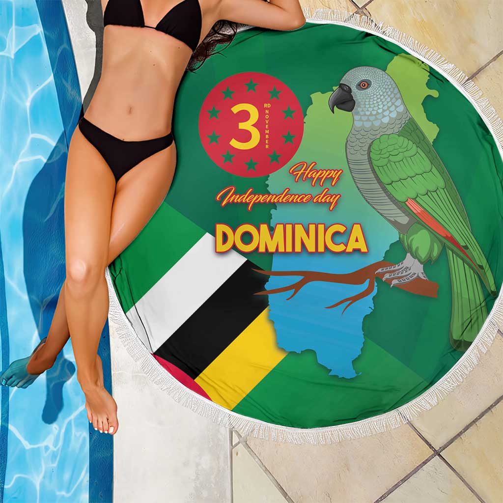 Round green beach blanket with Dominica flag, map, parrot graphic and white tassel edge