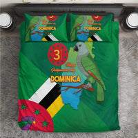 Green Dominica Independence Day bedding set with parrot, map, and flag design