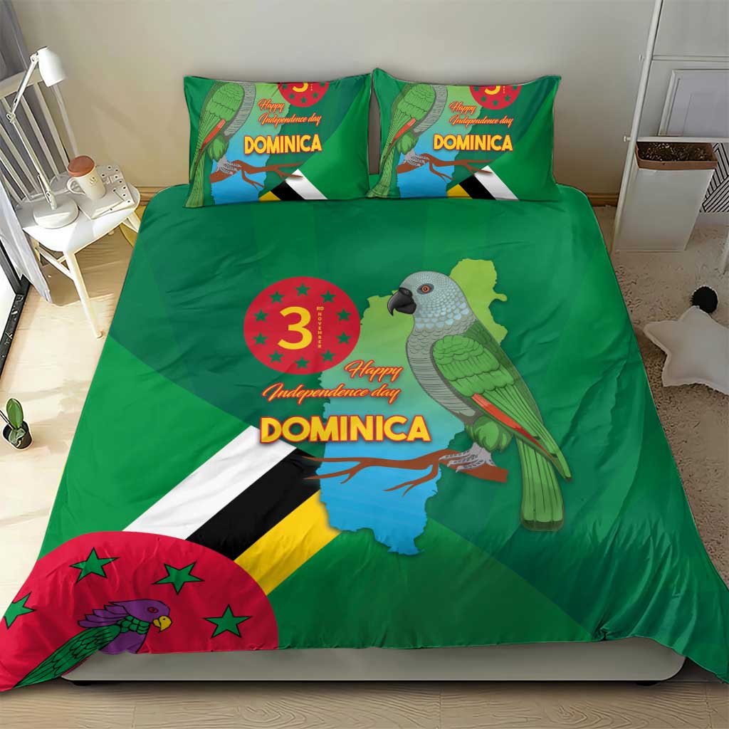 Green Dominica bedding set, parrot and flag pattern on duvet with two pillowcases