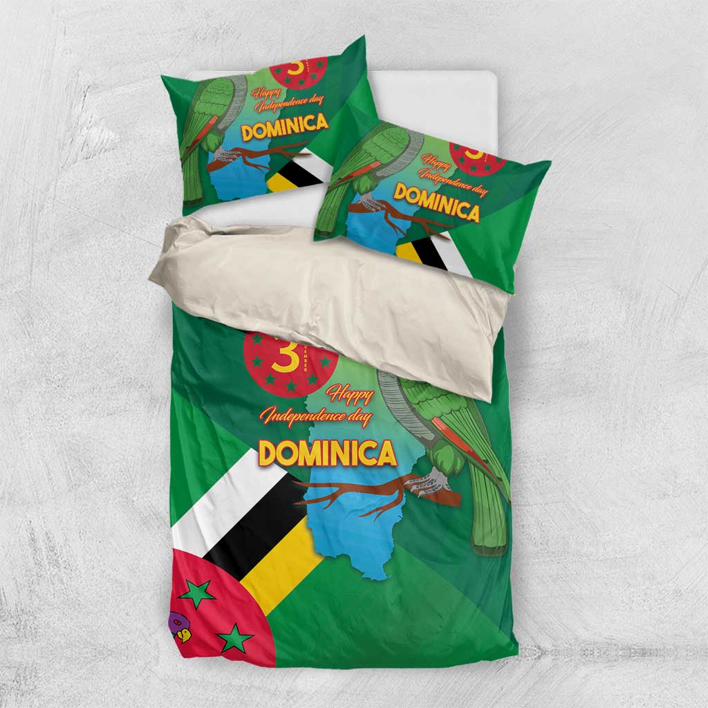 Green Dominica bedding set with two pillows, flag diagonal shapes, map and parrot