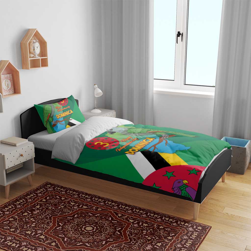 Green Dominica Independence Day duvet on bed with matching pillowcases, parrot and map