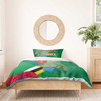 Green Dominica bedding set on single bed with pillowcase, parrot and map flag artwork