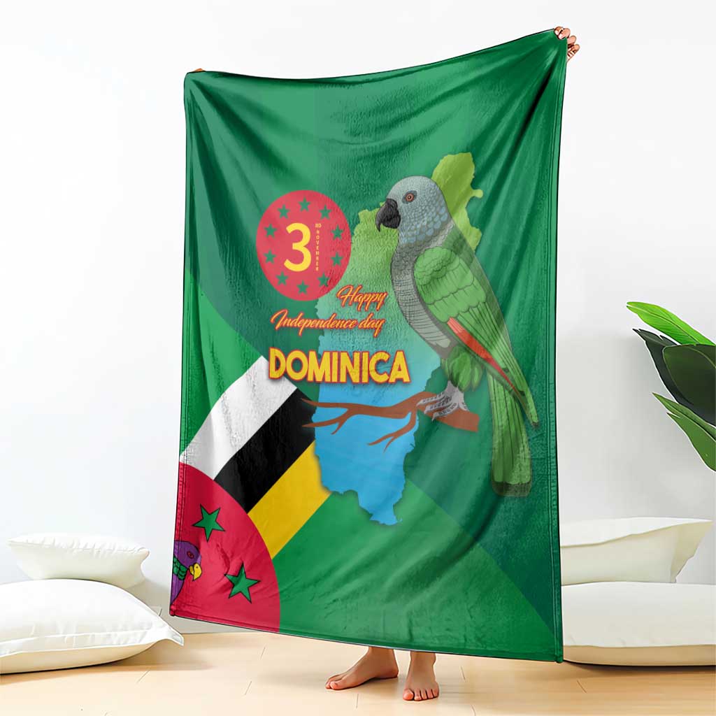 Green throw blanket with Dominica flag, “Happy Independence Day” text, and parrot graphic