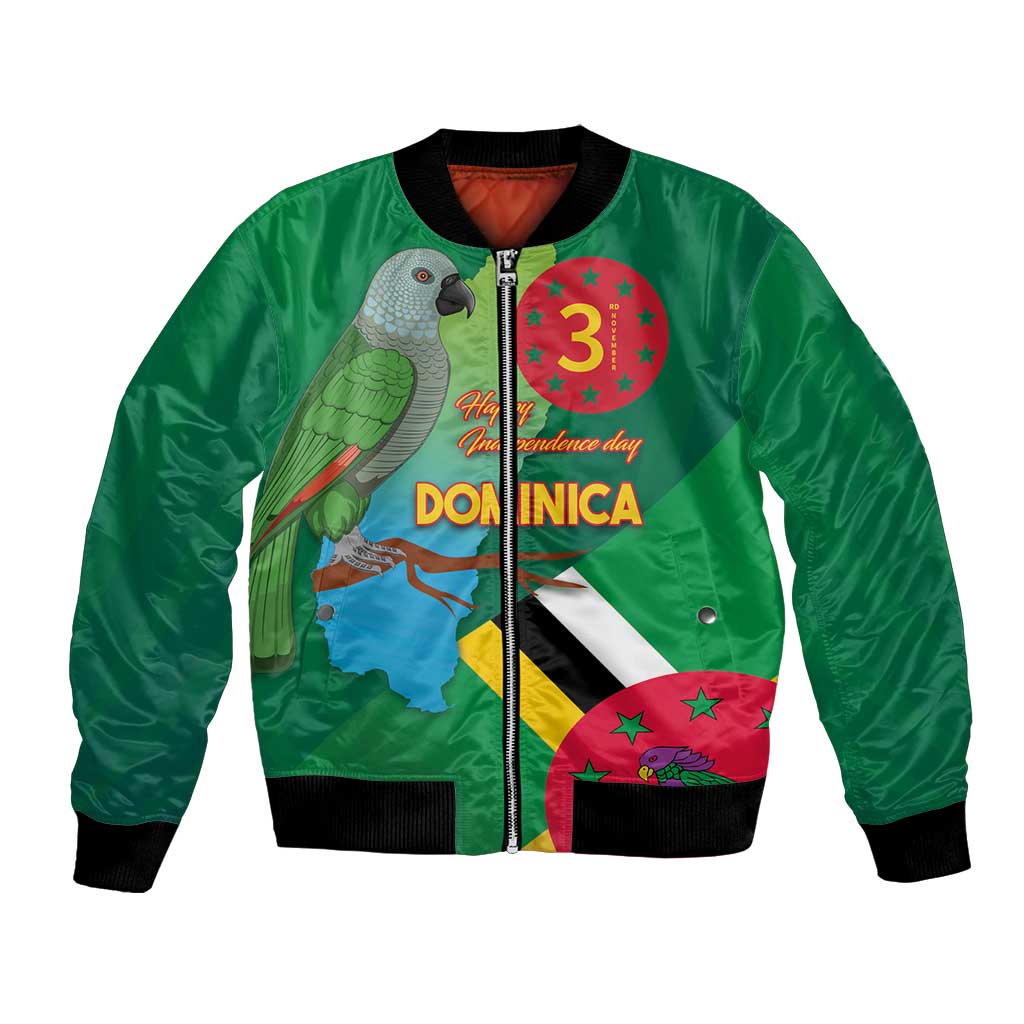 Green bomber jacket, front zipper; black ribbed trim; parrot and Dominica flag/map graphics