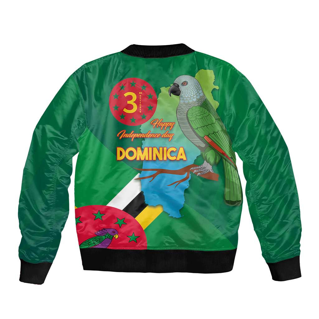 Green bomber jacket back, black ribbed hem; parrot with “Happy Independence Day” and “DOMINICA”