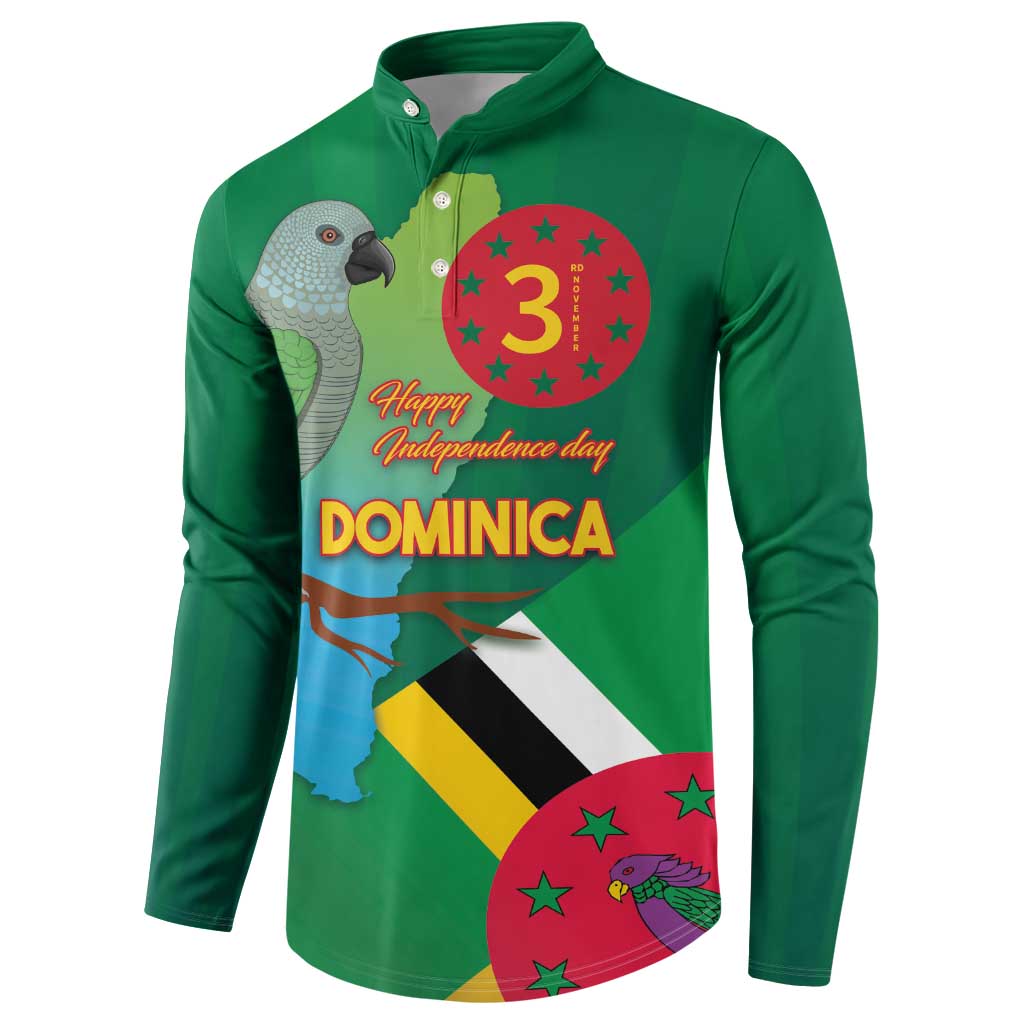 Green long-sleeve button sweatshirt with front parrot and Dominica flag map graphic