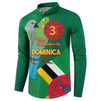 Green long-sleeve button sweatshirt with front parrot and Dominica flag map graphic