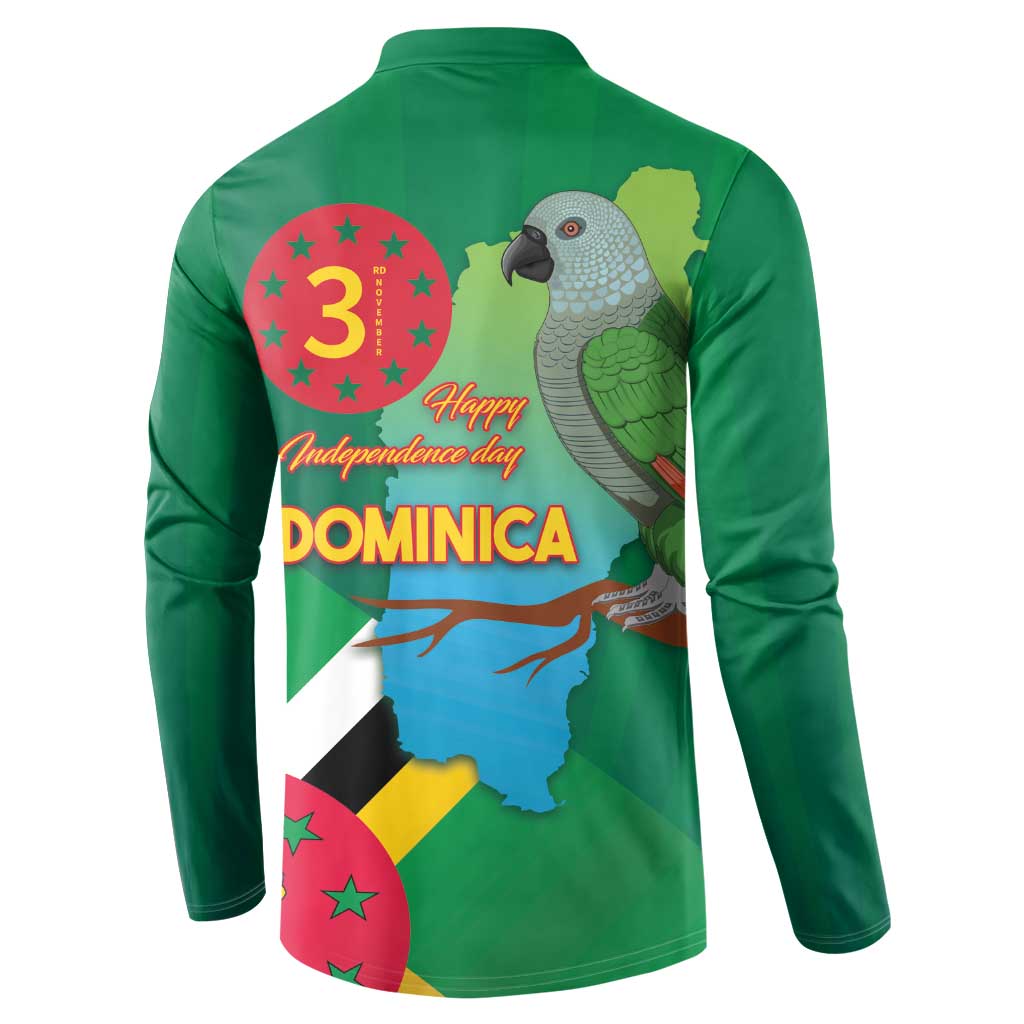 Green long-sleeve button sweatshirt with back parrot, 'Happy Independence day' and Dominica