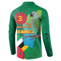 Green long-sleeve button sweatshirt with back parrot, 'Happy Independence day' and Dominica