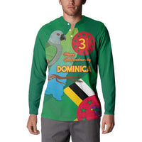 Green button-up sweatshirt on model, front print with parrot, 'Dominica,' and flag map
