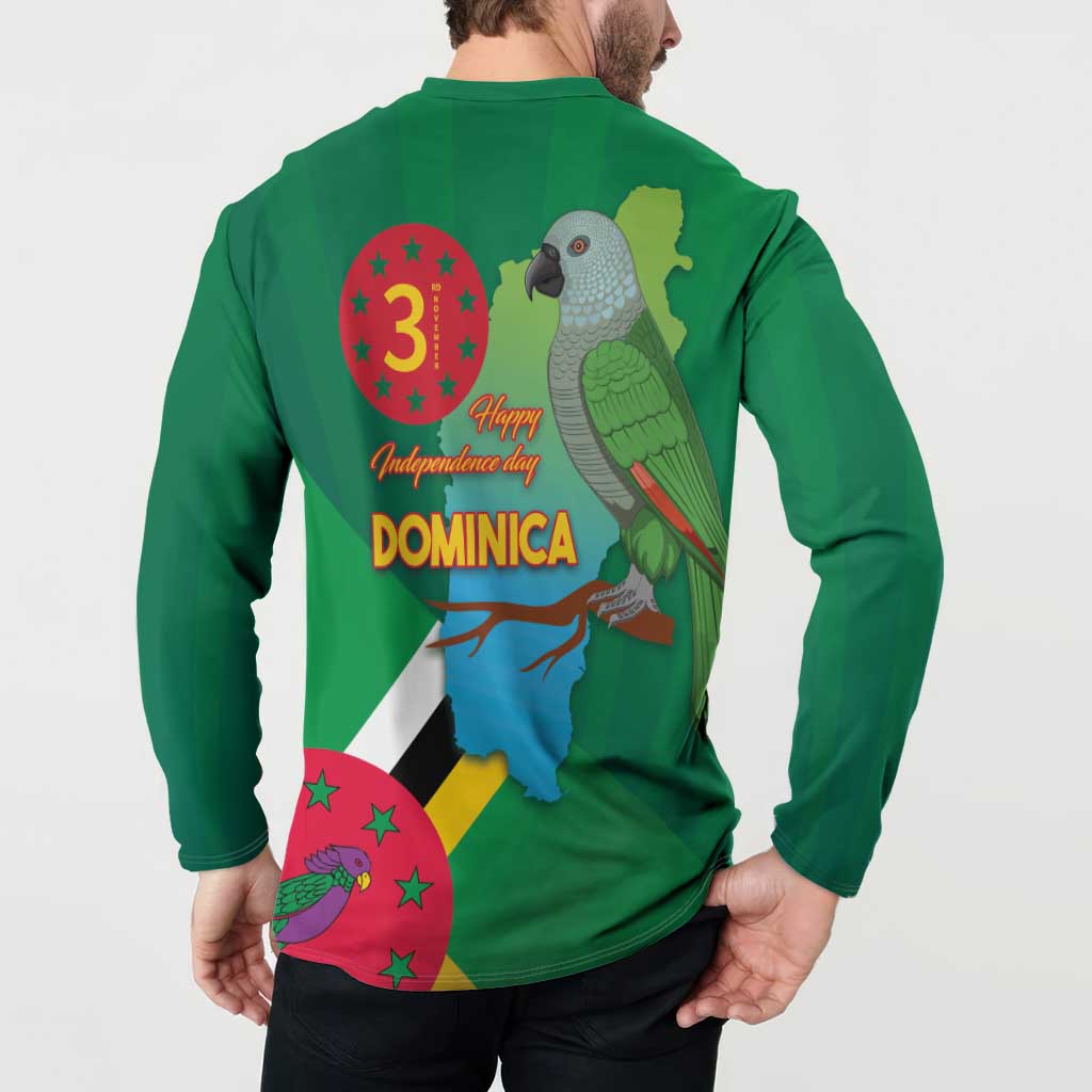 Green button-up sweatshirt on model, back print with parrot and 'Dominica' text