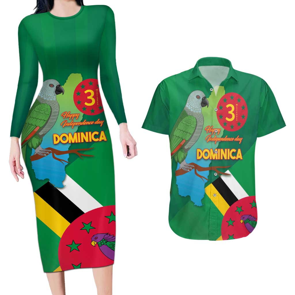 Dominica Independence Day Couples Matching Long Sleeve Bodycon Dress and Hawaiian Shirt Imperial Amazon With National Flag and Map - Wonder Print Shop