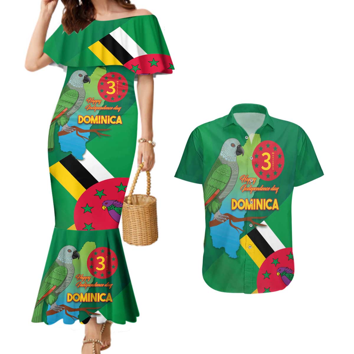 Dominica Independence Day Couples Matching Mermaid Dress and Hawaiian Shirt Imperial Amazon With National Flag and Map - Wonder Print Shop