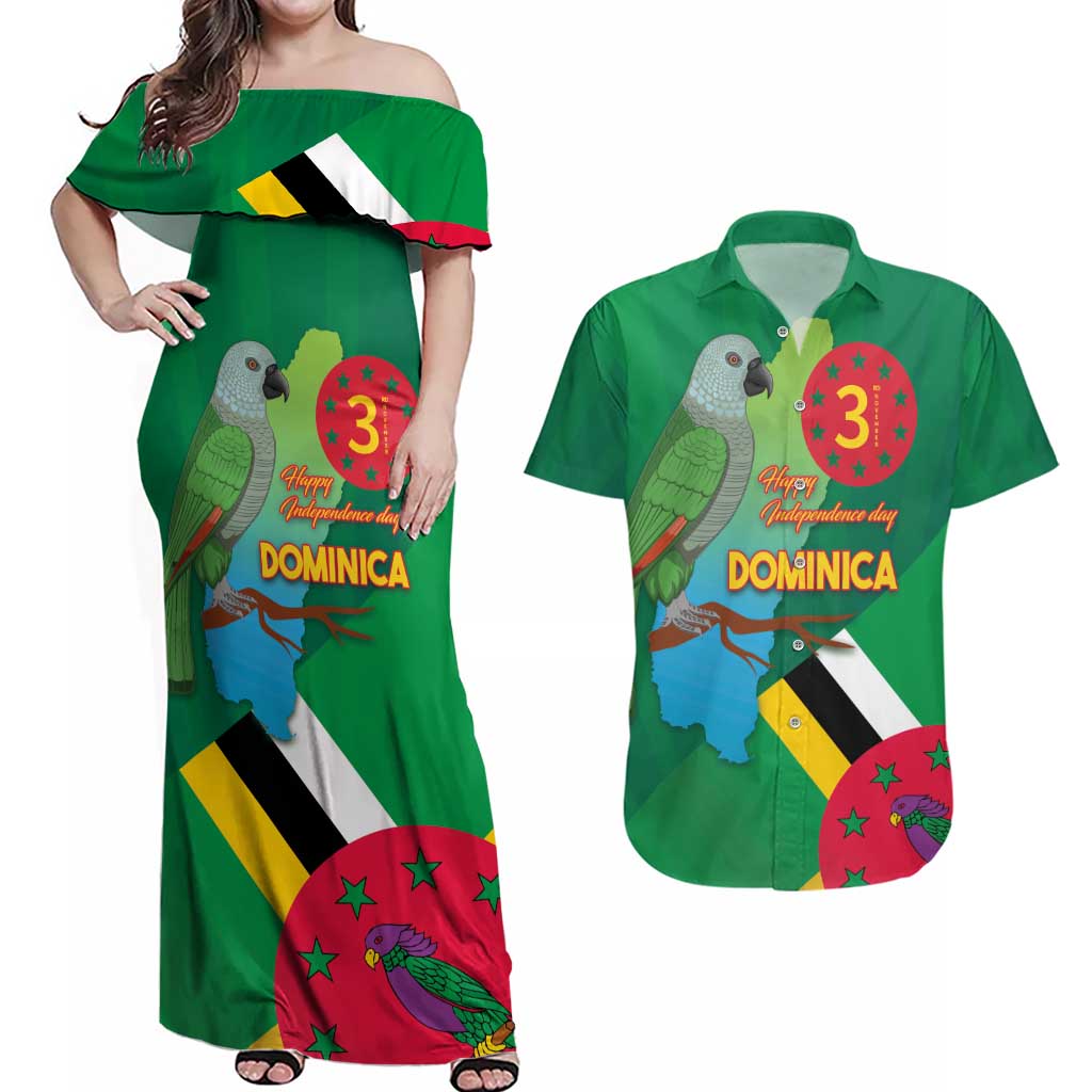 Dominica Independence Day Couples Matching Off Shoulder Maxi Dress and Hawaiian Shirt Imperial Amazon With National Flag and Map - Wonder Print Shop