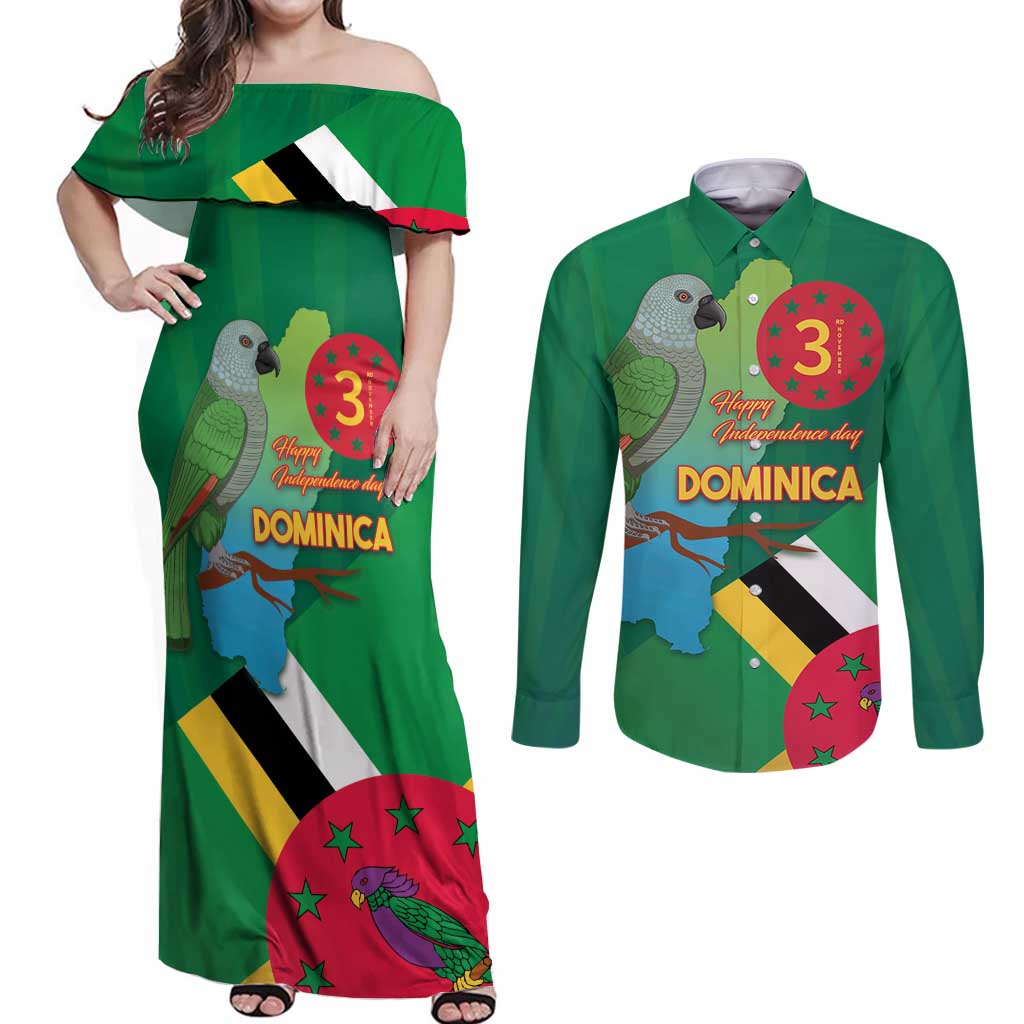 Dominica Independence Day Couples Matching Off Shoulder Maxi Dress and Long Sleeve Button Shirt Imperial Amazon With National Flag and Map - Wonder Print Shop