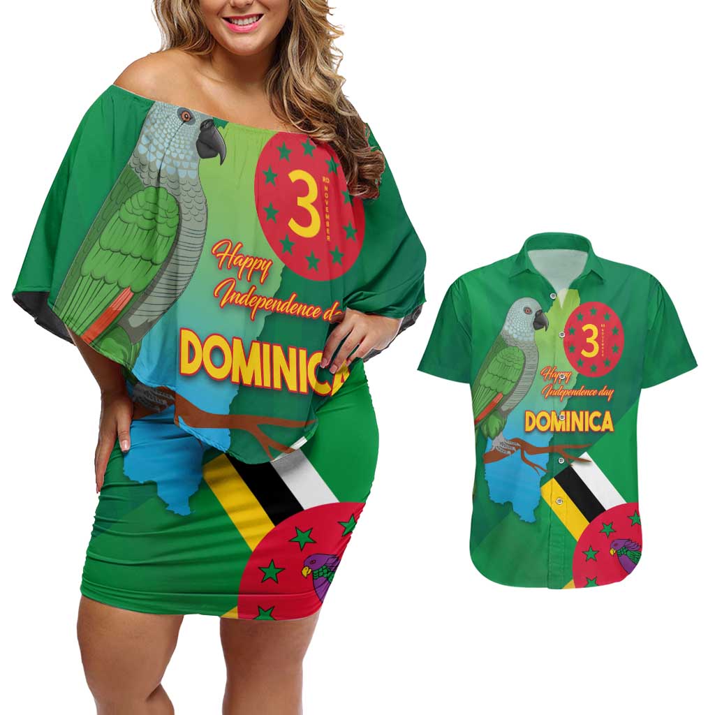 Dominica Independence Day Couples Matching Off Shoulder Short Dress and Hawaiian Shirt Imperial Amazon With National Flag and Map - Wonder Print Shop