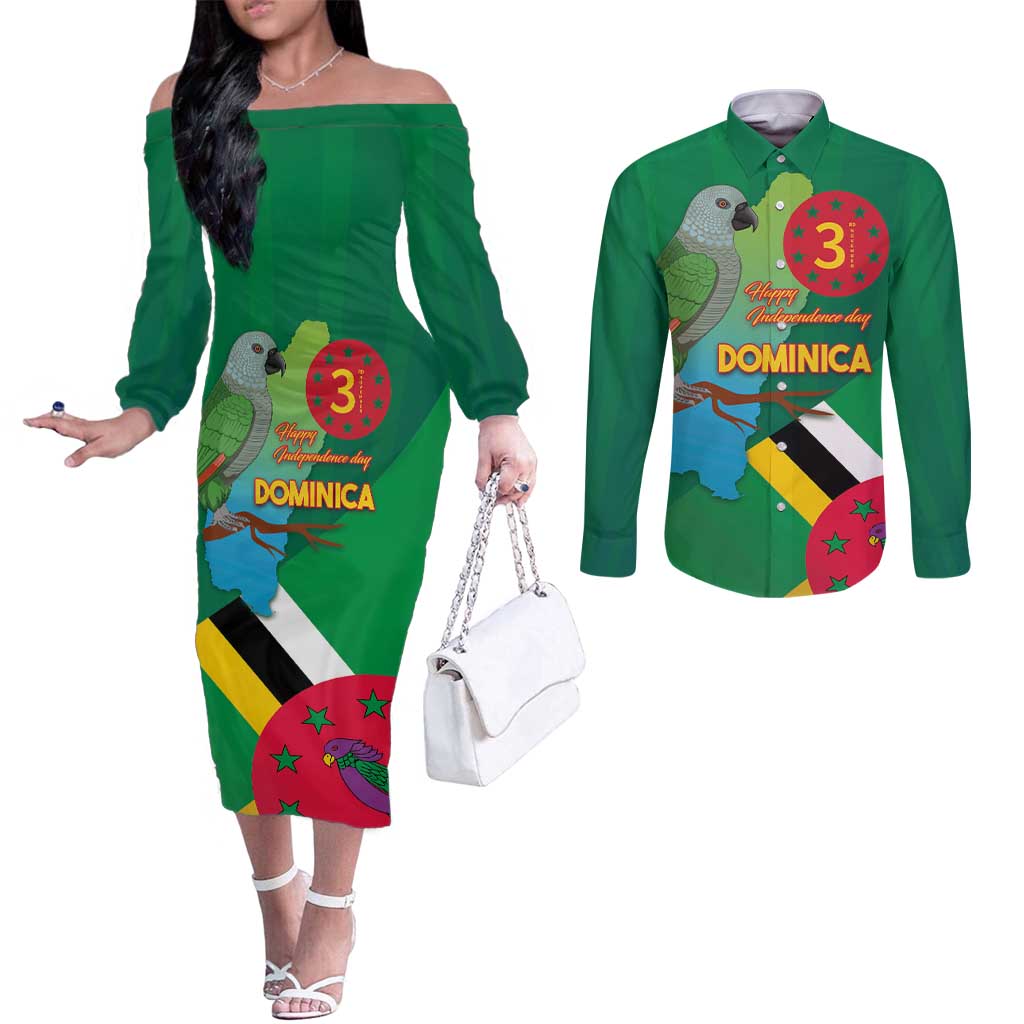 Dominica Independence Day Couples Matching Off The Shoulder Long Sleeve Dress and Long Sleeve Button Shirt Imperial Amazon With National Flag and Map