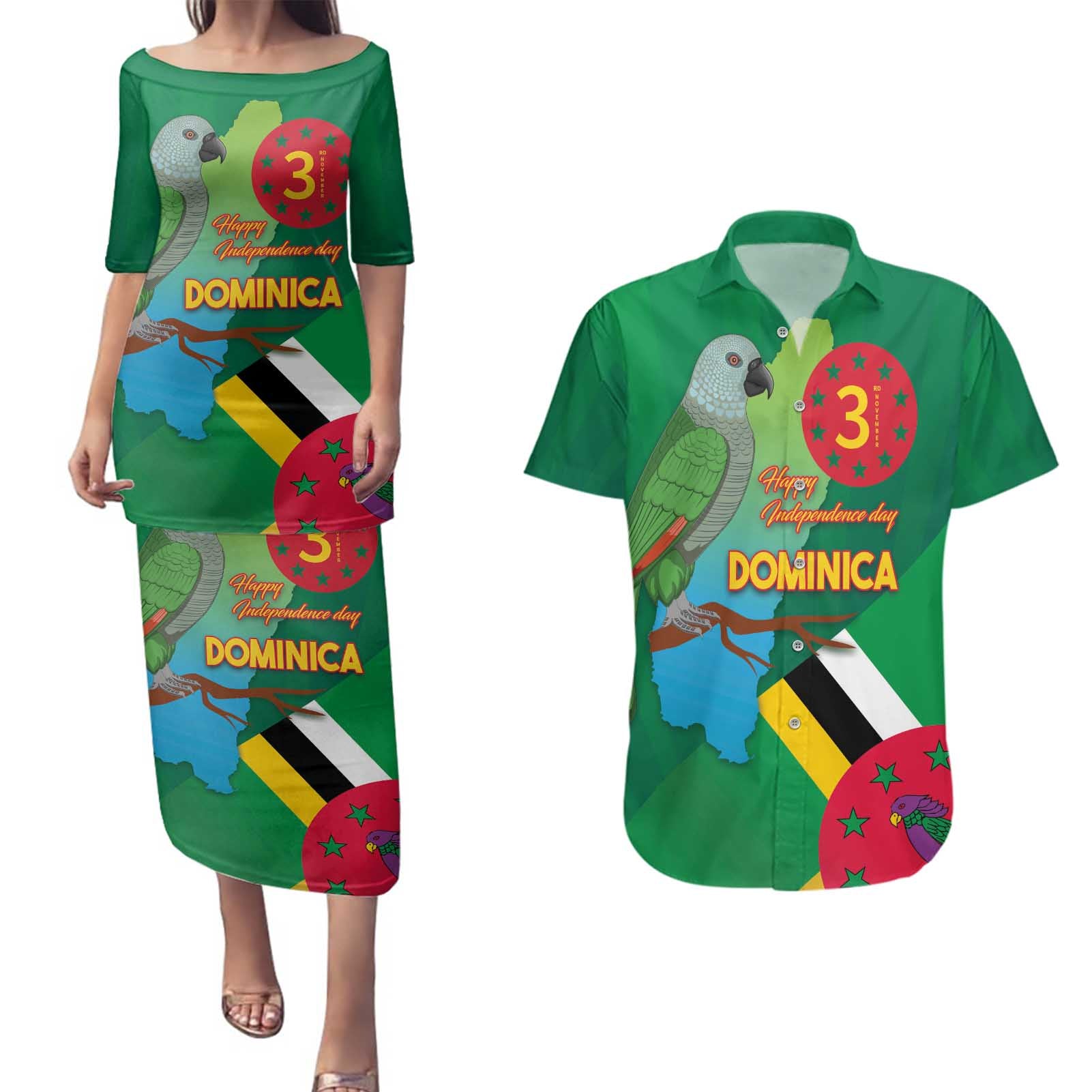 Dominica Independence Day Couples Matching Puletasi and Hawaiian Shirt Imperial Amazon With National Flag and Map - Wonder Print Shop