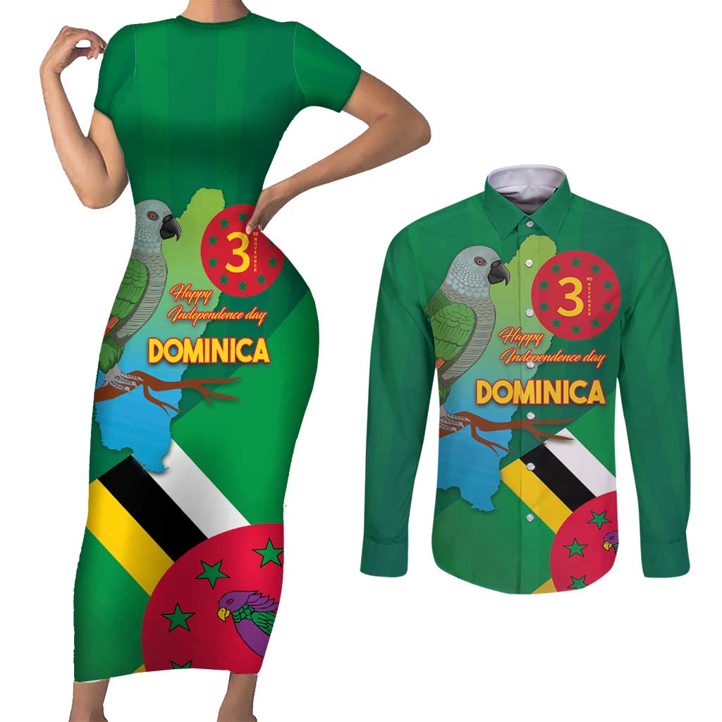 Dominica Independence Day Couples Matching Short Sleeve Bodycon Dress and Long Sleeve Button Shirt Imperial Amazon With National Flag and Map - Wonder Print Shop