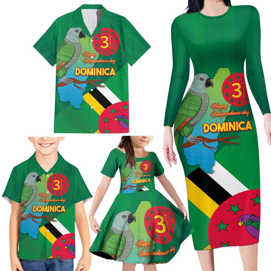 Dominica Independence Day Family Matching Long Sleeve Bodycon Dress and Hawaiian Shirt Imperial Amazon With National Flag and Map - Wonder Print Shop