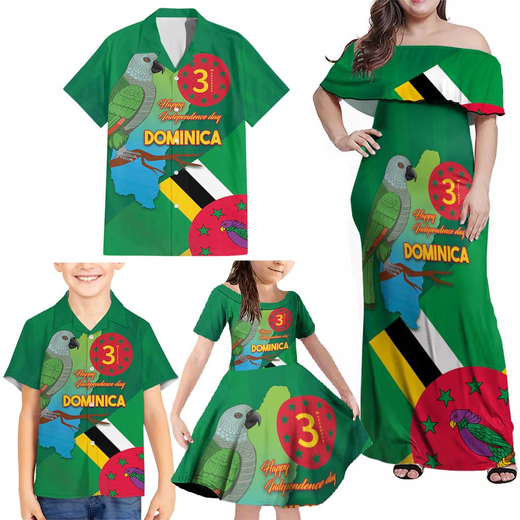 Dominica Independence Day Family Matching Off Shoulder Maxi Dress and Hawaiian Shirt Imperial Amazon With National Flag and Map - Wonder Print Shop