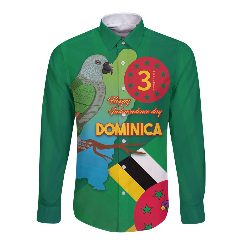 Green long-sleeve button shirt with parrot and Dominica Independence Day flag graphic