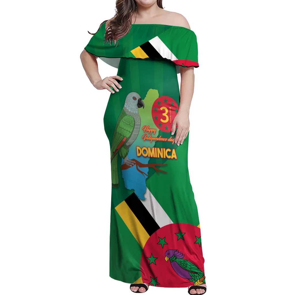 Dominica Independence Day Off Shoulder Maxi Dress Imperial Amazon With National Flag and Map - Wonder Print Shop