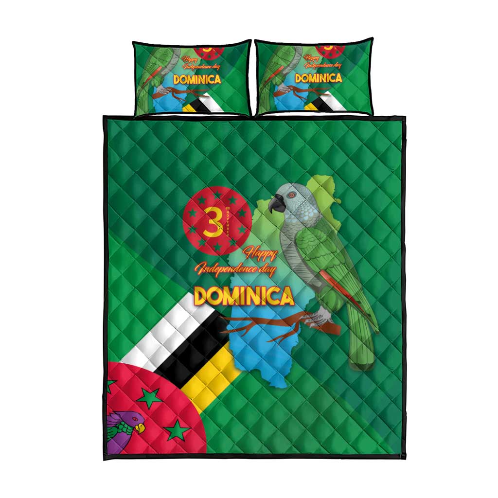 Green quilt bed set with Dominica flag, parrot, and map; two matching pillows