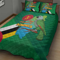 Green quilt bed set with Dominica flag and parrot over map print; two pillows